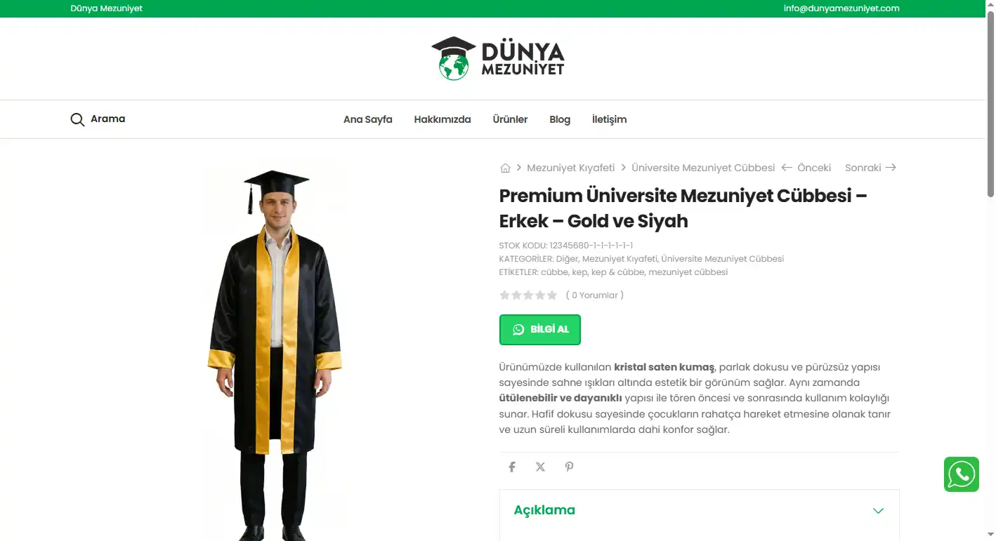 Premium Üniversite Mezuniyet Cübbesi – Erkek – Gold ve Siyah