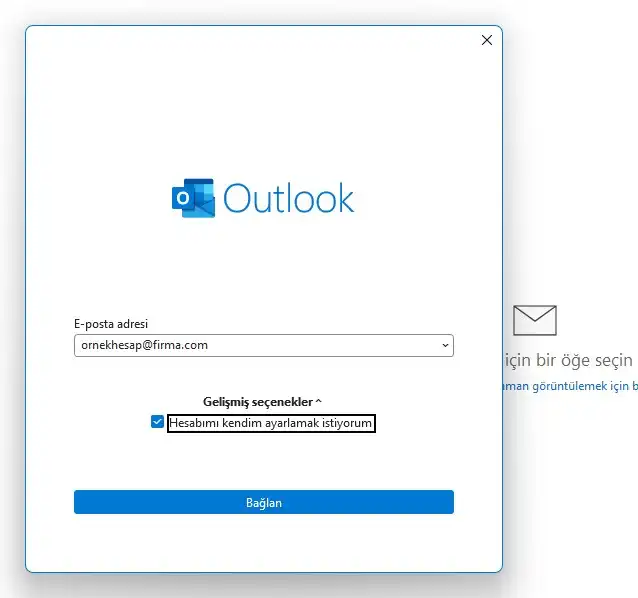 Klasik Outlook gelişmiş manuel kurulum başlangıcı