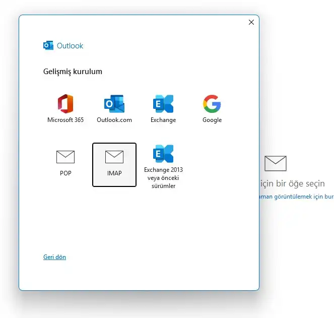 Klasik Outlook gelişmiş manuel kurulum IMAP seçimi