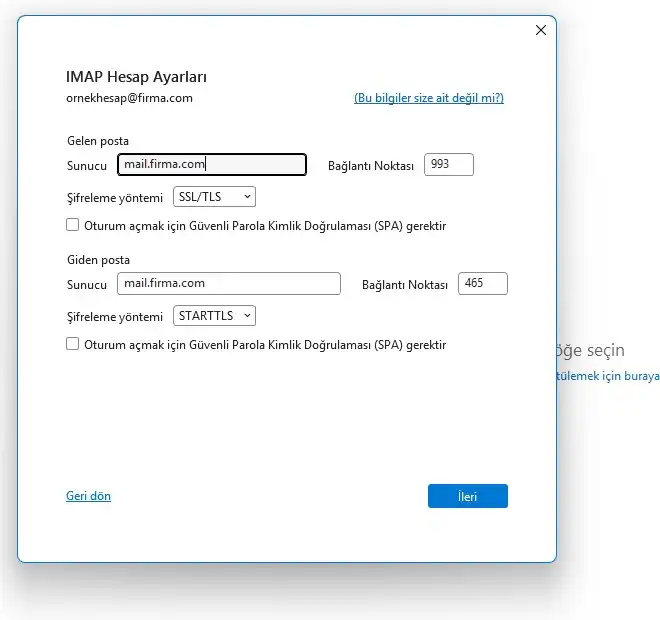 Klasik Outlook gelişmiş manuel kurulum IMAP hesap ayarları ekranı