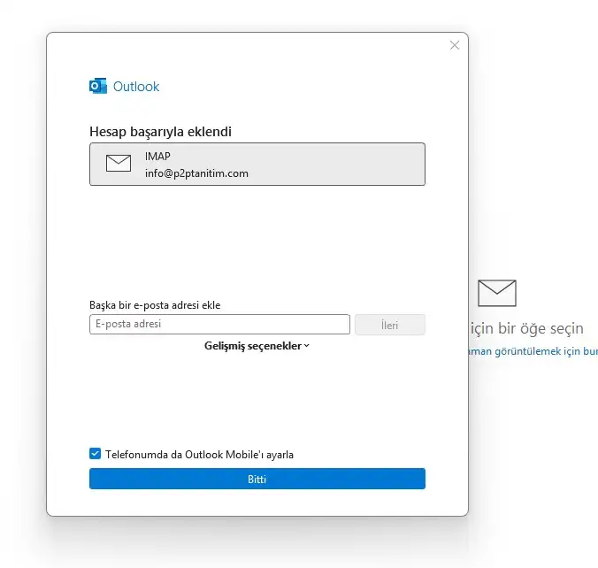 Eski Outlook otomatik kurulum ile hesap ekleme başarı ekranı