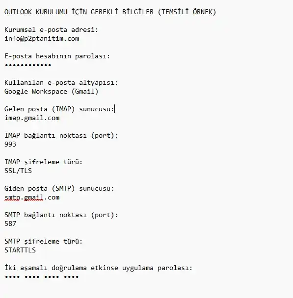 Outlook kurumsal e-posta kurulumu için gerekli bilgiler