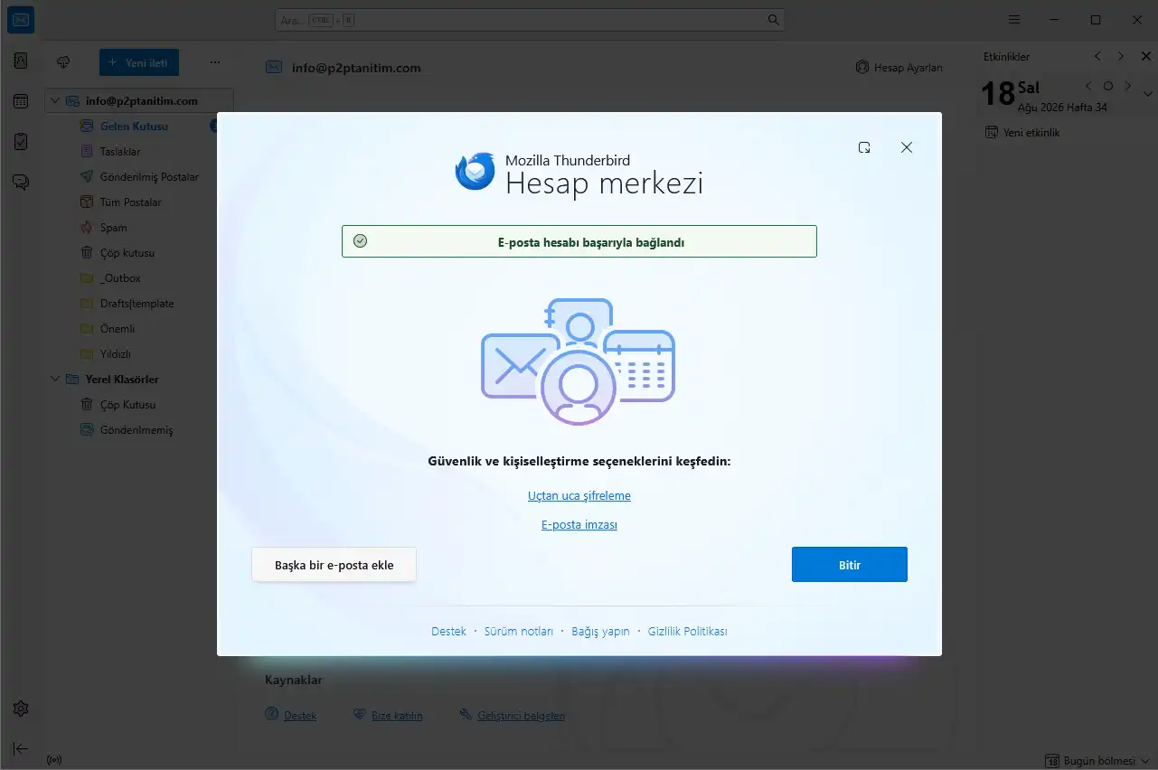 Thunderbird e-posta hesabı başarıyla bağlandı