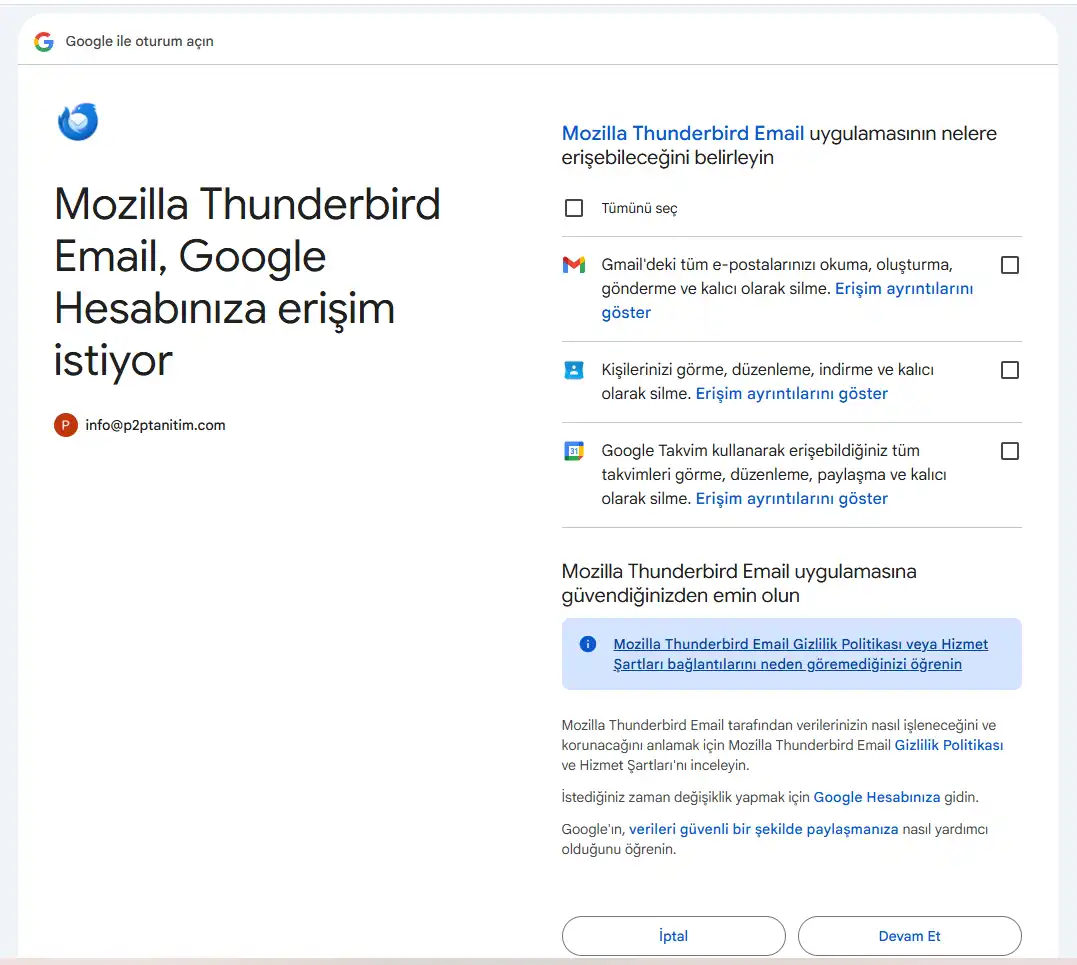 Thunderbird Google hesabı erişim izinleri