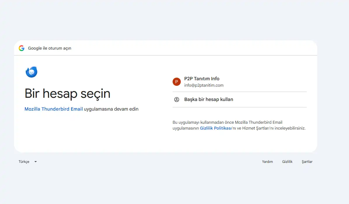 Thunderbird için Google Workspace hesabı seçme ekranı
