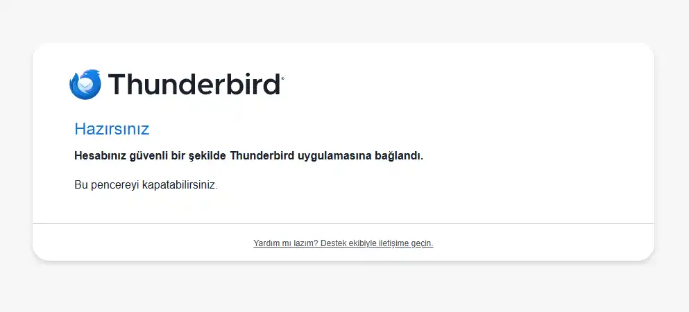 Thunderbird e-posta hesabı bağlantısı tamamlandı