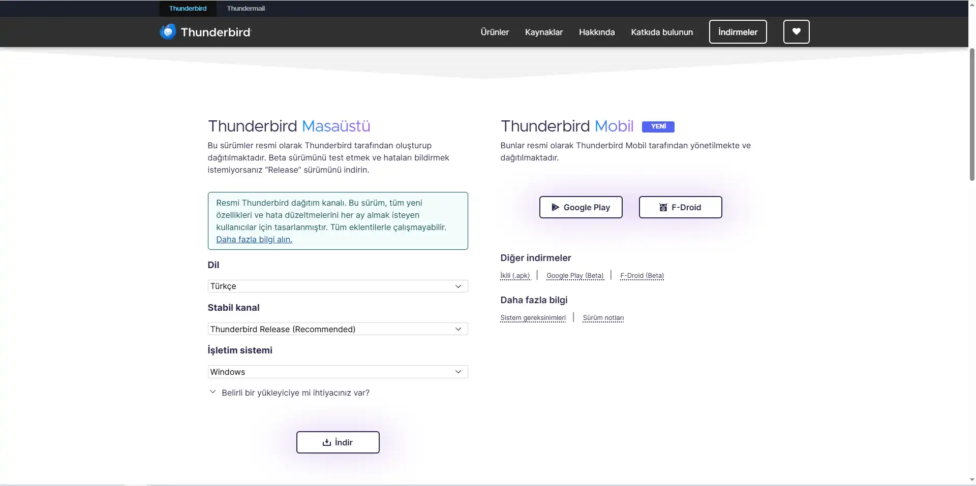 Mozilla Thunderbird resmi indirme sayfası