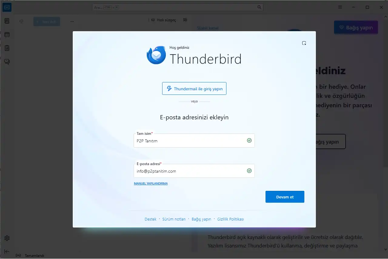 Thunderbird kurumsal e-posta bilgileri giriş ekranı