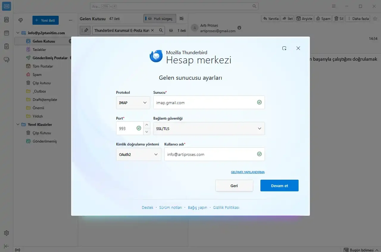 Thunderbird manuel IMAP gelen sunucusu ayarları