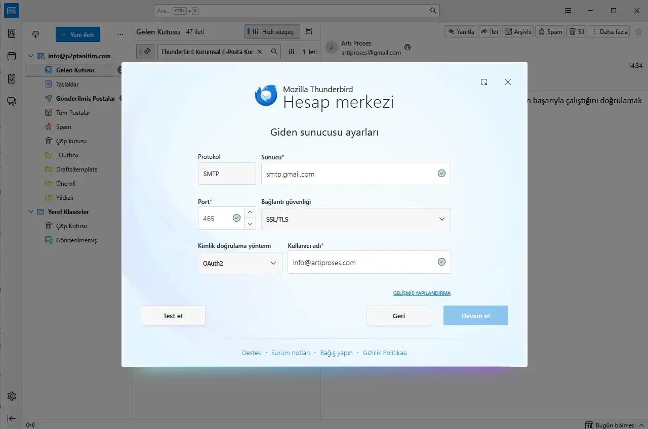 Thunderbird manuel SMTP giden sunucusu ayarları