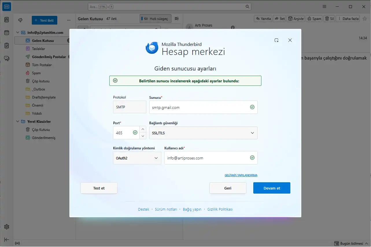 Thunderbird manuel e-posta yapılandırma testi başarılı