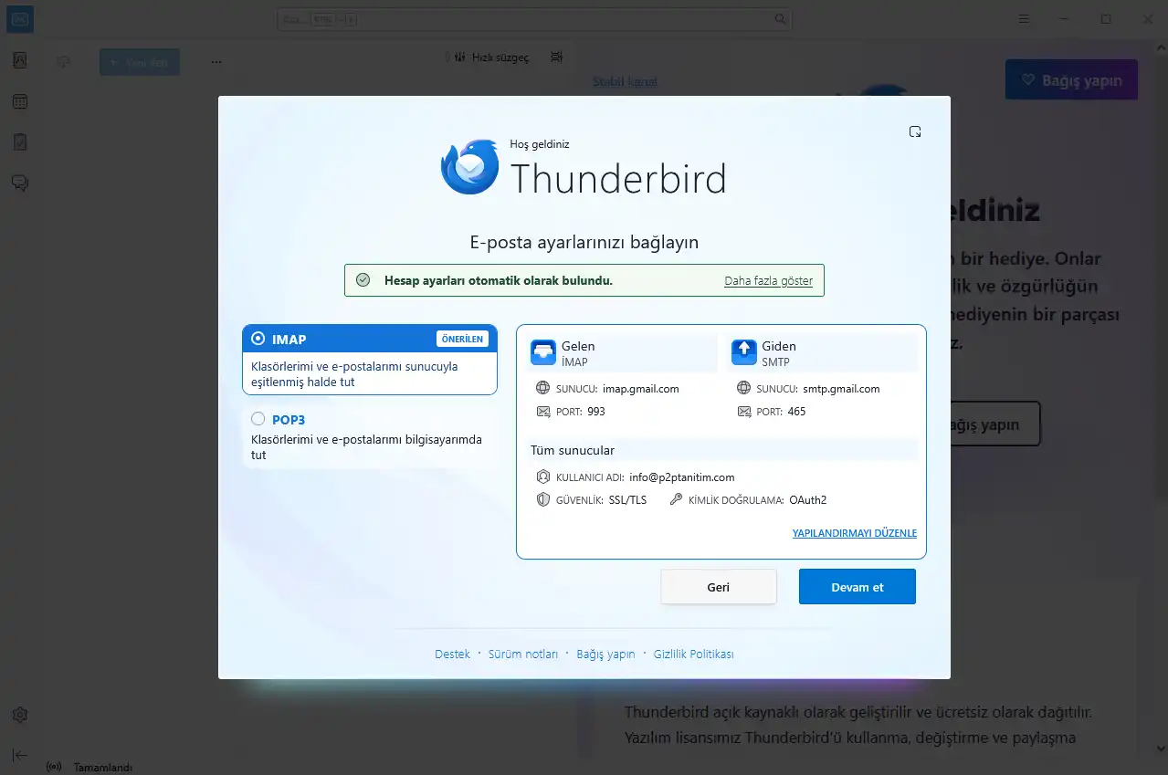 Thunderbird otomatik IMAP ve SMTP ayarları