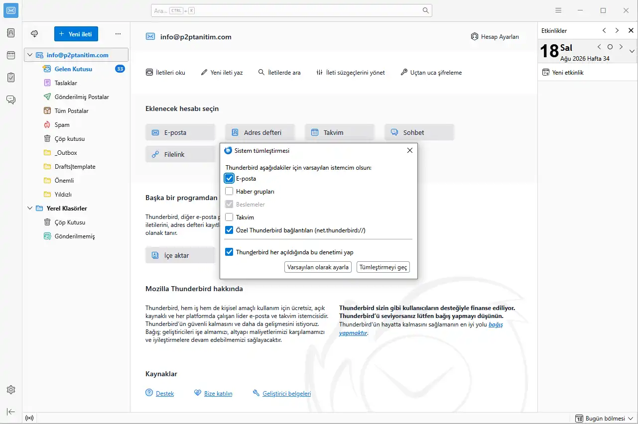 Thunderbird sistem tümleştirmesi ve varsayılan e-posta ayarları