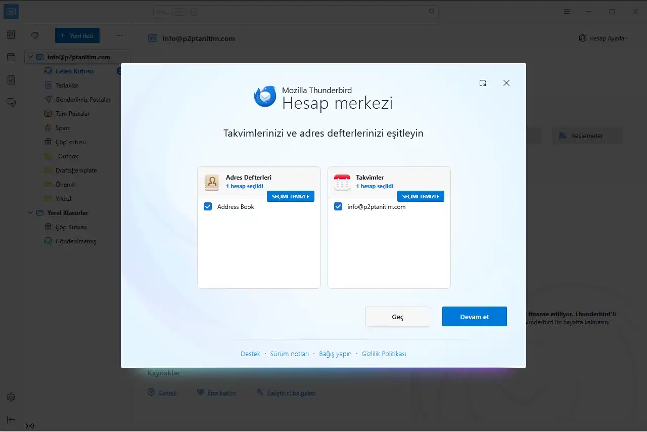 Thunderbird takvim ve adres defteri eşitleme seçenekleri