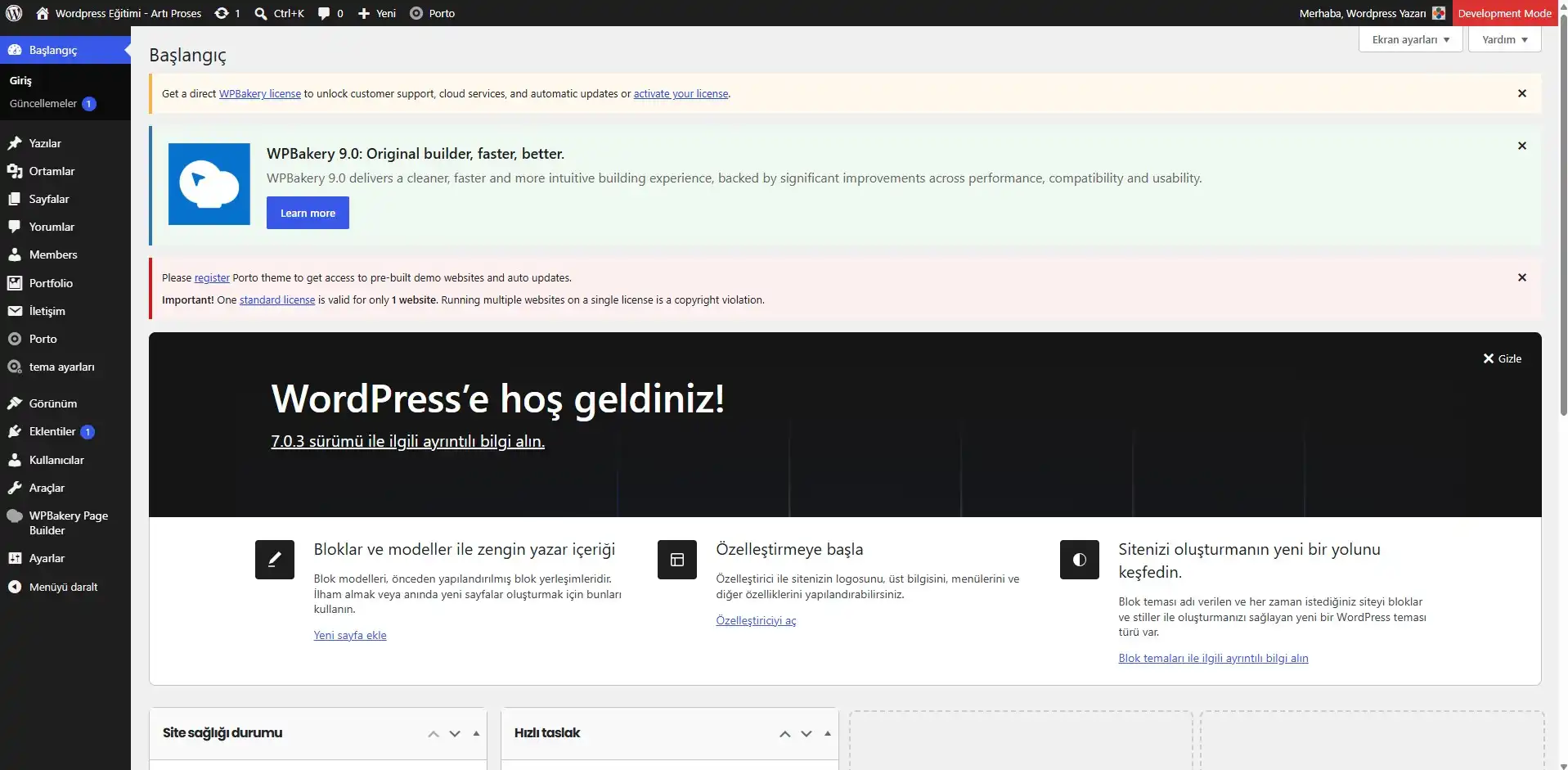 WordPress admin paneli genel görünümü
