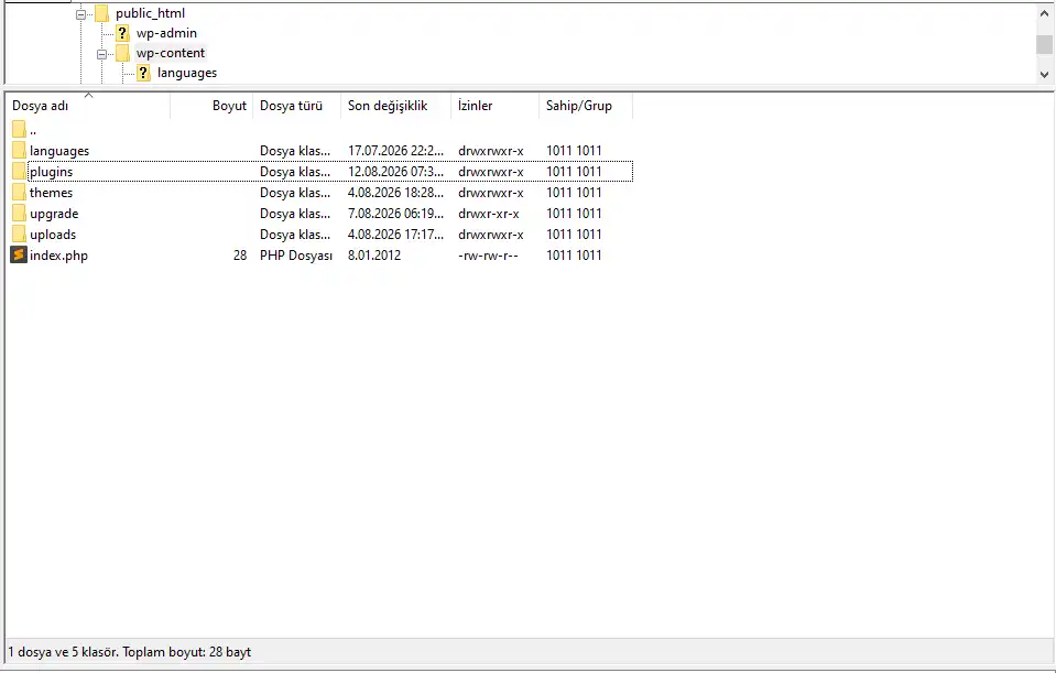 FileZilla programı aracılığıyla WordPress eklenti dizini görünümü