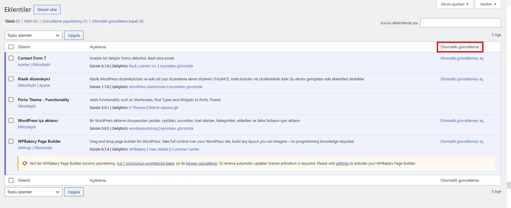 WordPress eklentilerinde otomatik güncelleme ayarı
