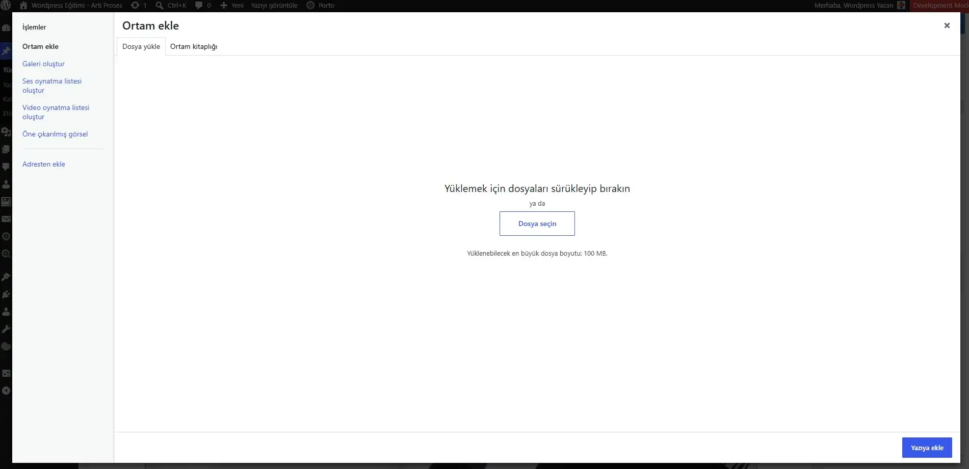 WordPress ortam kütüphanesine yeni bir görsel yükleme ekranı