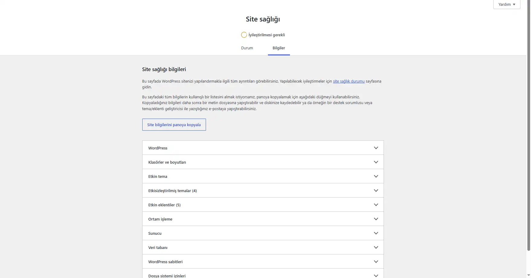 WordPress sistem özellikleri ve PHP sürümü kontrol ekranı