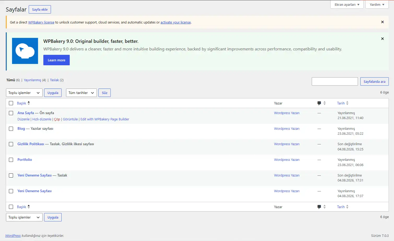 WordPress web sitesinde bulunan sayfaların listesi ve sayfa aksiyon butonları