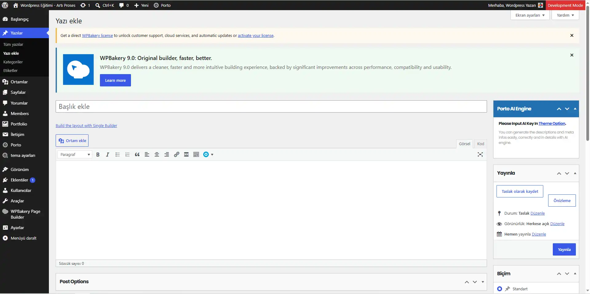 WordPress yeni yazı ekleme ekranı