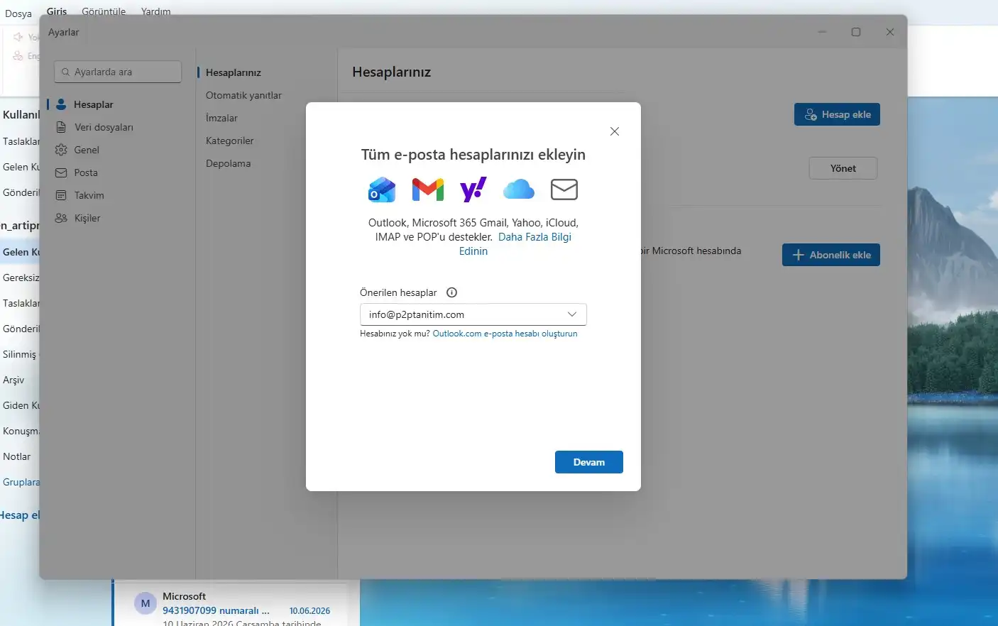 Yeni Outlook kurumsal e-posta hesabı ekleme ekranı