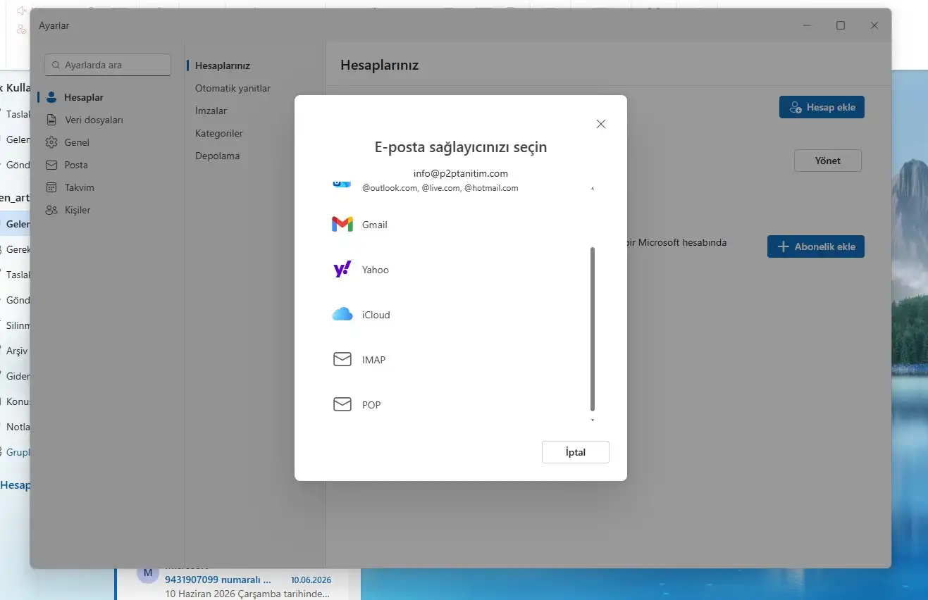 E-posta sağlayıcı seçim ekranı