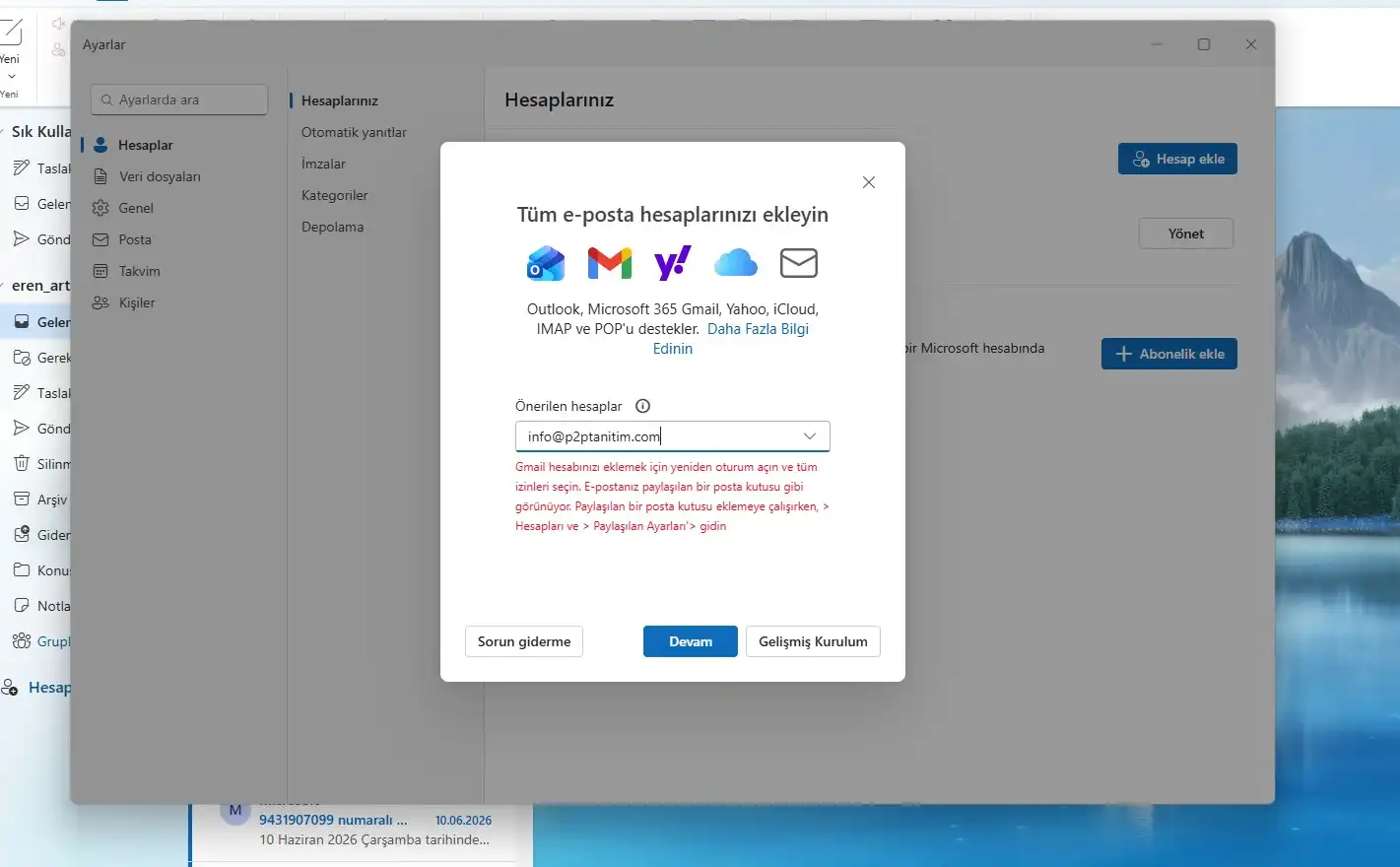 Yeni Outlook otomatik hesap ekleme sırasında karşılaşılabilecek hata ekranı