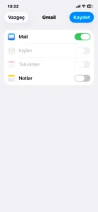 Google hesabı eşitleme ekranında Mail açık ve Kaydet düğmesi