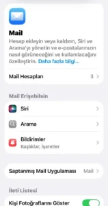 Mail ayarlarında Mail Hesapları seçeneği