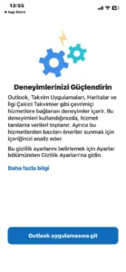Deneyimlerinizi Güçlendirin ekranında Outlook uygulamasına git düğmesi