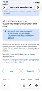 Google erişim ekranındaki İptal ve Devam Et düğmeleri