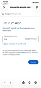 Microsoft apps & services için Google e-posta giriş ekranı