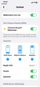 iPhone Outlook ayarlarında Bildirimlere İzin Ver açık
