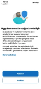 Outlook tanılama verileri ekranındaki Kabul et ve Reddet seçenekleri