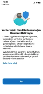 Outlook veri kullanım açıklaması ve İleri düğmesi